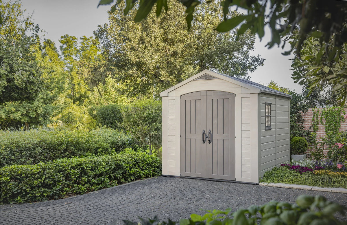 2026 NEW Keter Factor 8 x 11 Foot All Weather Resin Outdoor Storage Shed, Taupe