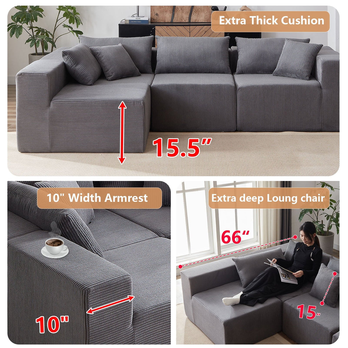 2026 NEW 104-Inch Corduroy Modular L Shaped Sectional Sofa,Luxury Floor Couch Set,Upholstered Indoor Furniture,Foam-Filled Compressed Sofa for Living Room,Bedroom,4 PC Free Combination