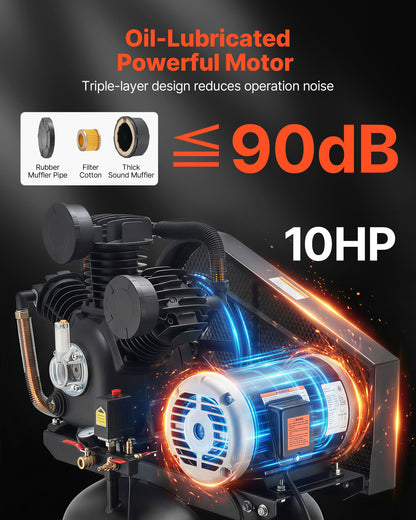 2026 NEW VEVOR 80 Gallons Heavy-Duty Air Compressor, 10HP 17 SCFM at 90PSI Air Compressors Max 175PSI, Oil-Lubricated Compressor Tank(230V 3-Phase, No Plug)