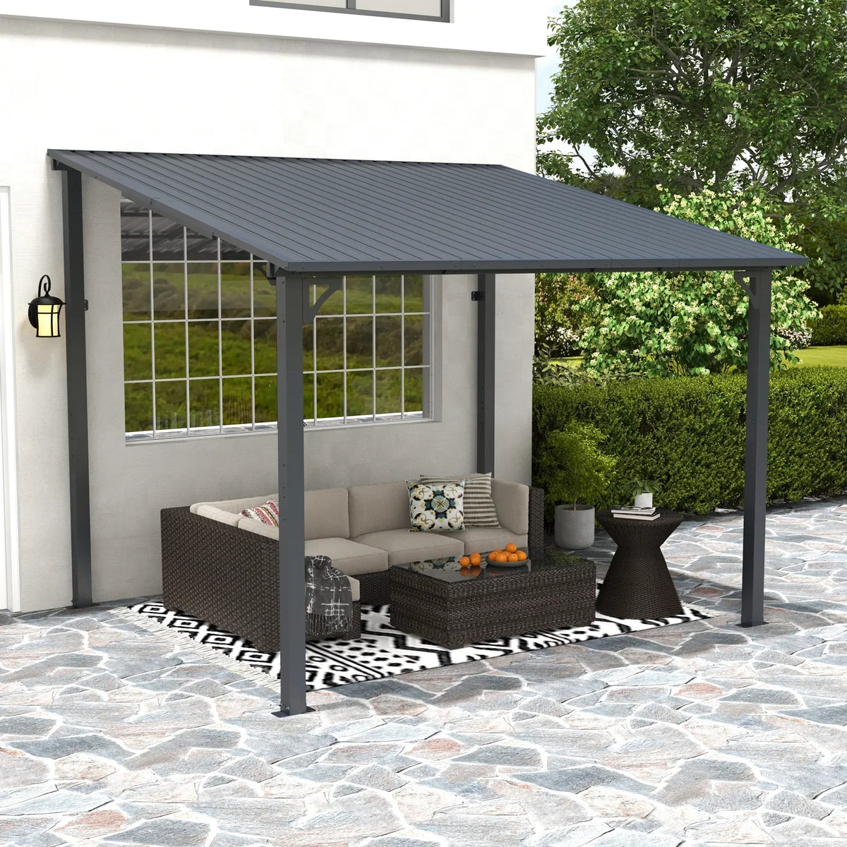 2026 NEW 8' x 10' Outdoor Pergola Gazebo, Lean to Awnings Gazebos, Heavy Duty Hard Top Metal Pergola with Roof, for Patio, Backyard, Decks, Poolside