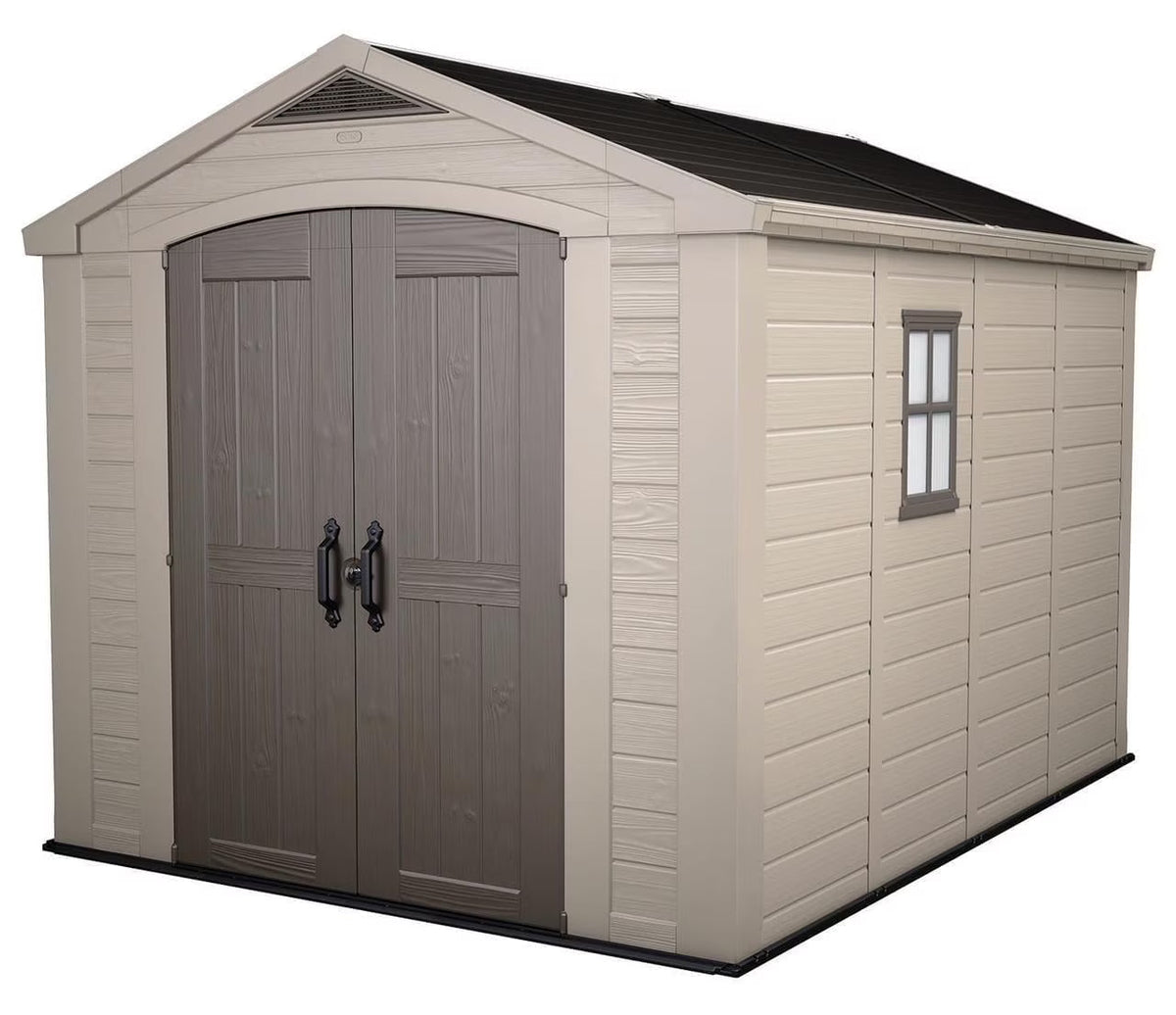 2026 NEW Keter Factor 8 x 11 Foot All Weather Resin Outdoor Storage Shed, Taupe