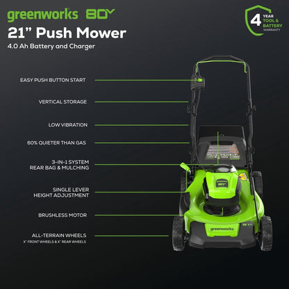 2026 NEW Greenworks 80V 21" Brushless Cordless Push Lawn Mower, 4.0 Ah Battery and Charger Included [75+ Compatible Tools]