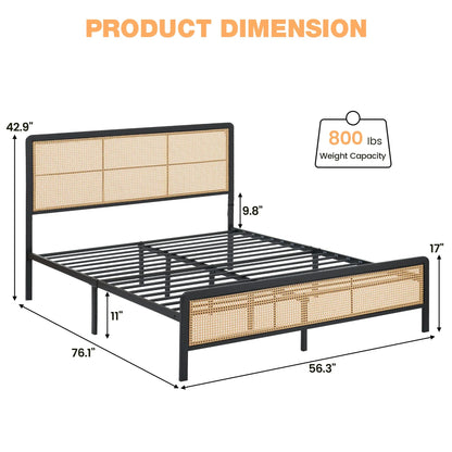 2026 NEW Platform Bed Frame with Natural Rattan Headboard Modern Cane Bed Frames with Heavy Duty Sturdy Steel Slat Support No Box Spring Needed Easy Assembly