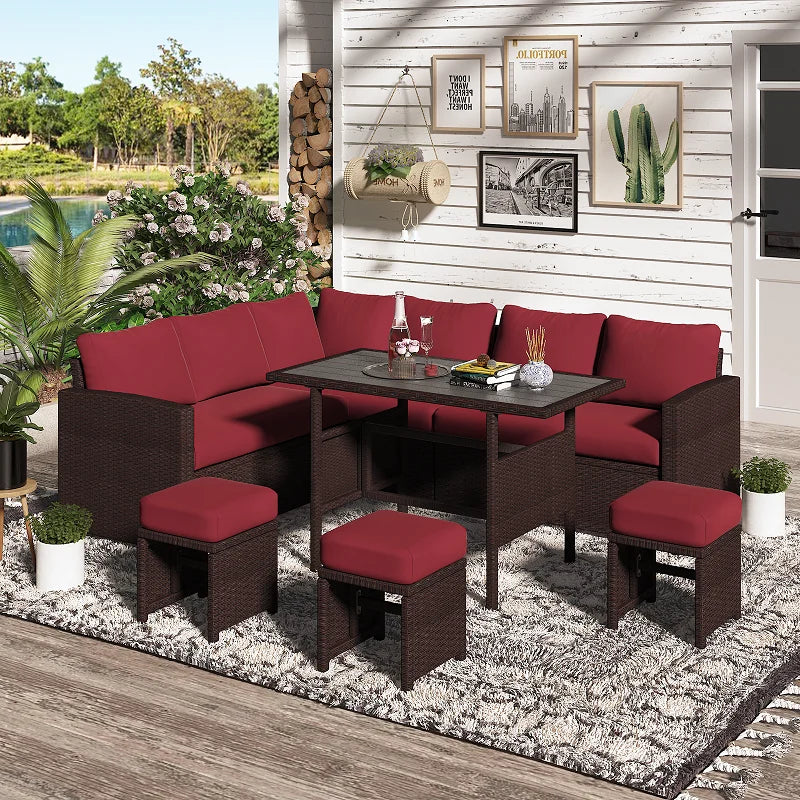2026 NEW AECOJOY 7 Piece Patio Furniture Set PE Rattan Outdoor Dining Set Sectional Sofa Couch with Table Patio Conversation Set in Gray