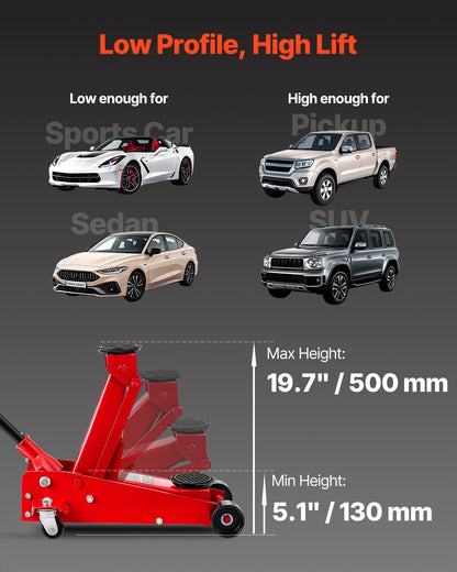2026 NEW VEVOR Low Profile Floor Jack, 3 Ton (6614 lbs) Capacity, Steel Racing Floor Jack with Single Piston Quick Lift Pump, Hydraulic Trolley Car Lift for Sports Cars, SUVs, Pickups, Lifting Range 5.1"-19.7"