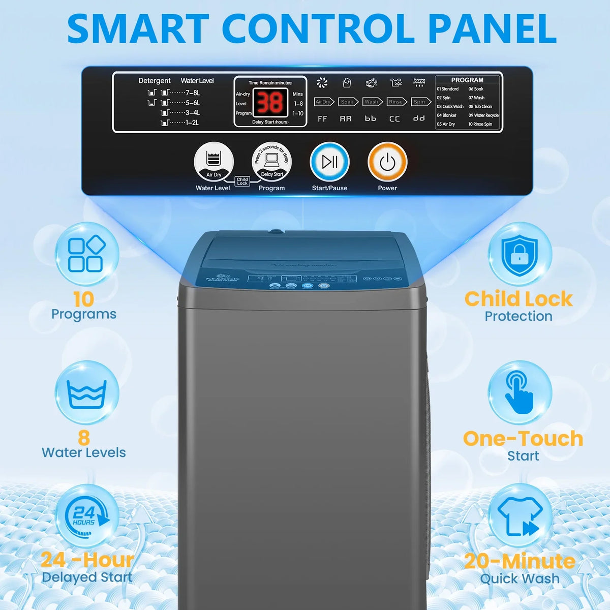 2026 NEW Veeboto Portable Washing Machine, 18.7Lbs Capacity Portable Washer with Drain Pump, 10 Wash Programs/8 Water Levels/LED Display, Full-Automatic Compact Laundry Washer for Apartment, Dorm, Home