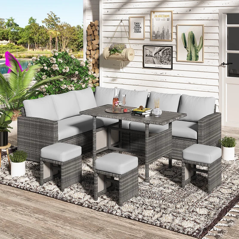 2026 NEW AECOJOY 7 Piece Patio Furniture Set PE Rattan Outdoor Dining Set Sectional Sofa Couch with Table Patio Conversation Set in Gray