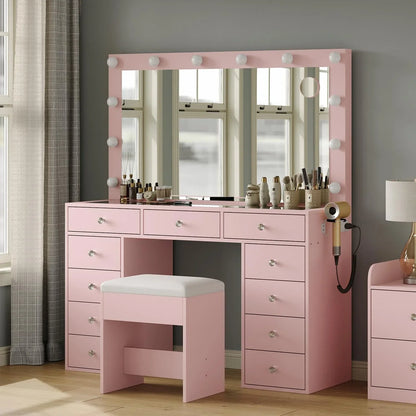 2026 NEW White Vanity Desk with Illuminated Mirror & Power Outlet, 11 Drawers Vanity Table with Chair, Makeup Vanity with 12 LED Lights, Tempered Glass Top, Dressing Table for Bedroom,Dressing Room