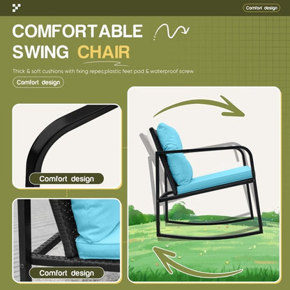 2026 NEW Homall 3 Pieces Outdoor Rocking Chair Furniture Sets Modern Patio Furniture Set Rocking Wicker Bistro Sets Cushioned PE Rattan Chairs Conversation Sets with Glass Coffee Table,Blue