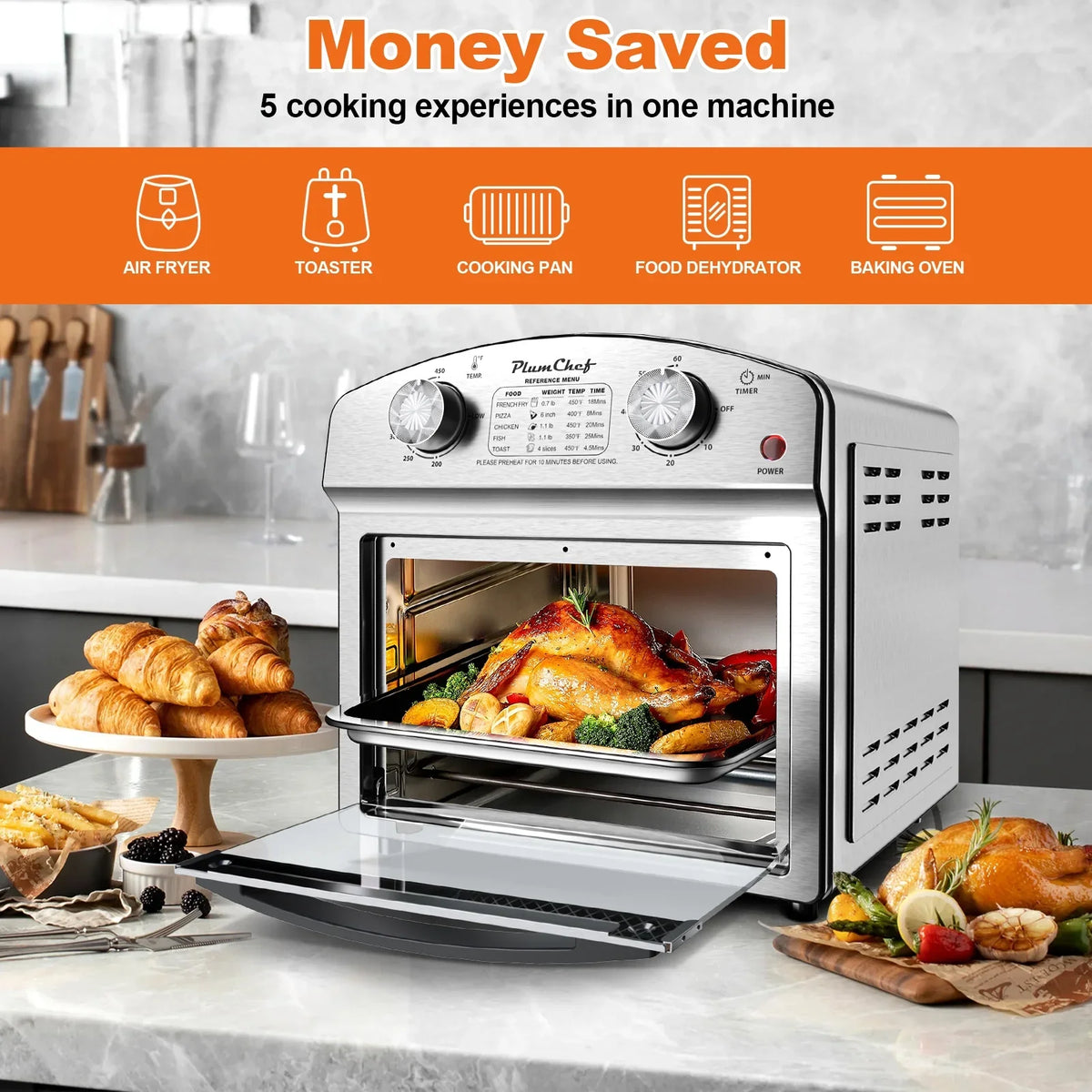 2026 NEW PlumChef 13 Quart 4 Slices Air Fryer Convection Toaster Oven, 1500W, 7 in 1 Multifunction with Roast, Bake, Grill, Broil, Toast, Dehydrate, Defrost