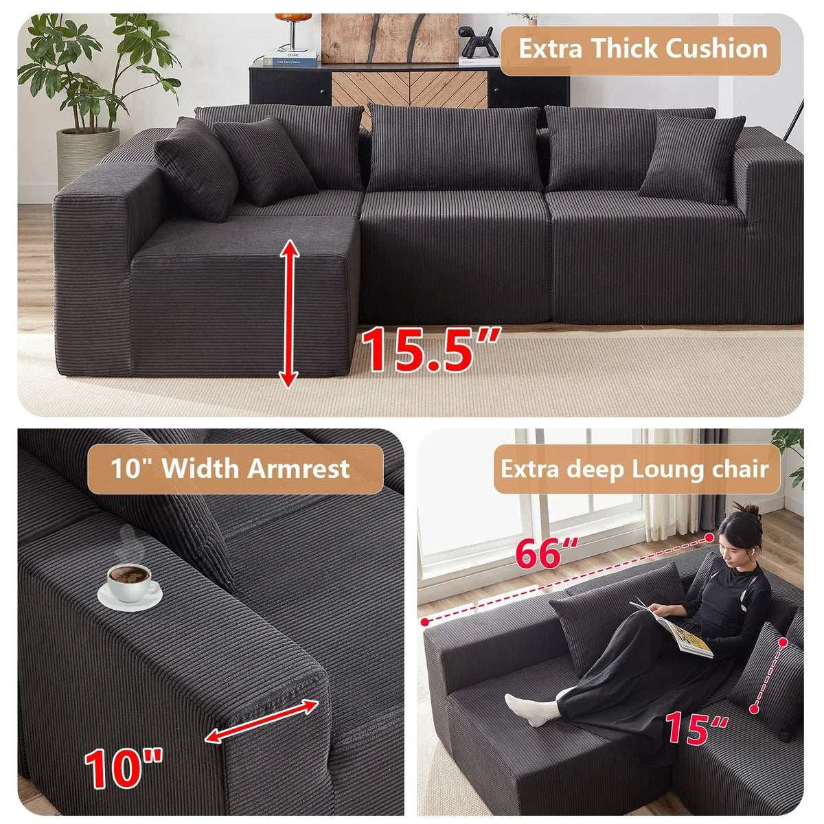 2026 NEW 104-Inch Corduroy Modular L Shaped Sectional Sofa,Luxury Floor Couch Set,Upholstered Indoor Furniture,Foam-Filled Compressed Sofa for Living Room,Bedroom,4 PC Free Combination