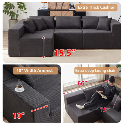 2026 NEW 104-Inch Corduroy Modular L Shaped Sectional Sofa,Luxury Floor Couch Set,Upholstered Indoor Furniture,Foam-Filled Compressed Sofa for Living Room,Bedroom,4 PC Free Combination