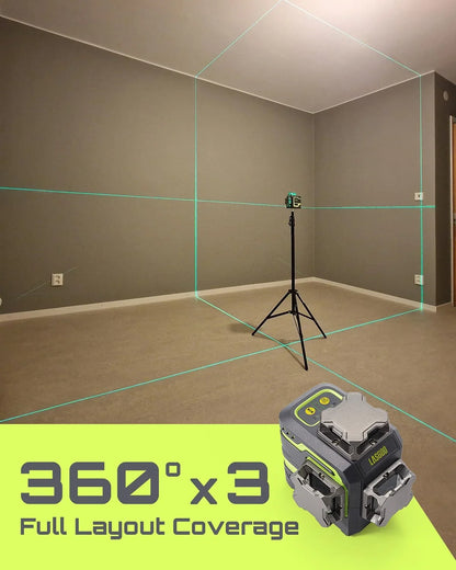 2026 NEW Laser Level 3x360- LASGOO with Remote Control, 2 Rechargeable Batteries, 100FT Range, 360- Magnetic Rotating Stand, IP54, 3Ds