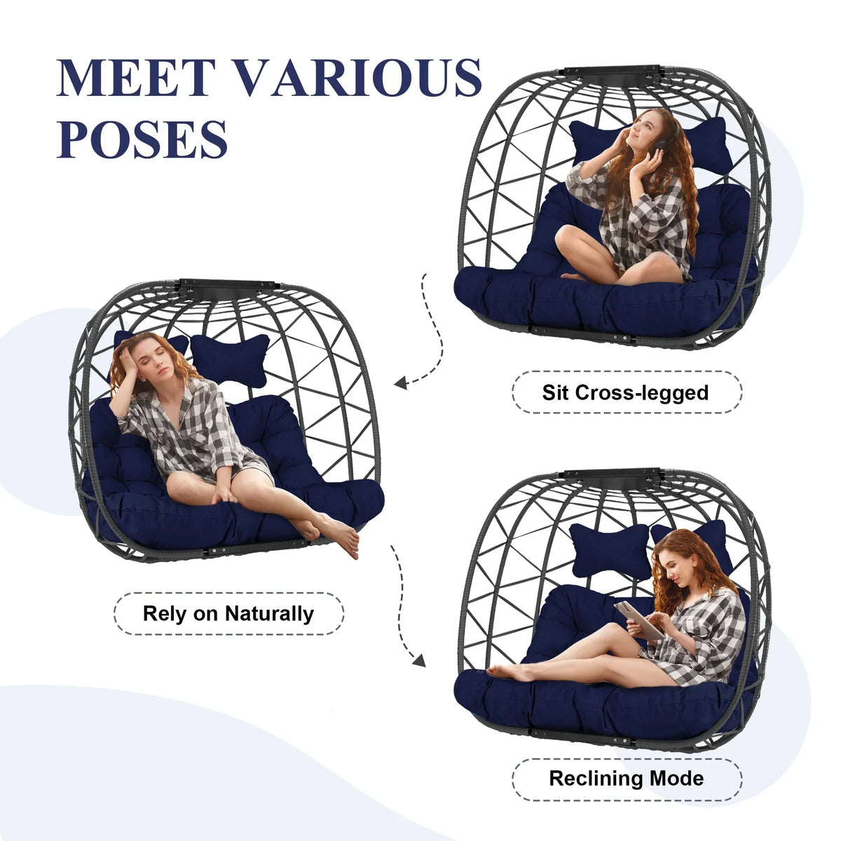 2026 NEW RADIATA Double Wicker Egg Swing Chair with Stand, 2-Person Hanging Egg Chair for Indoor/Outdoor, 700lbs Capacity, Thick Cushions & Headrest,Sturdy Metal Frame"Dark Gray