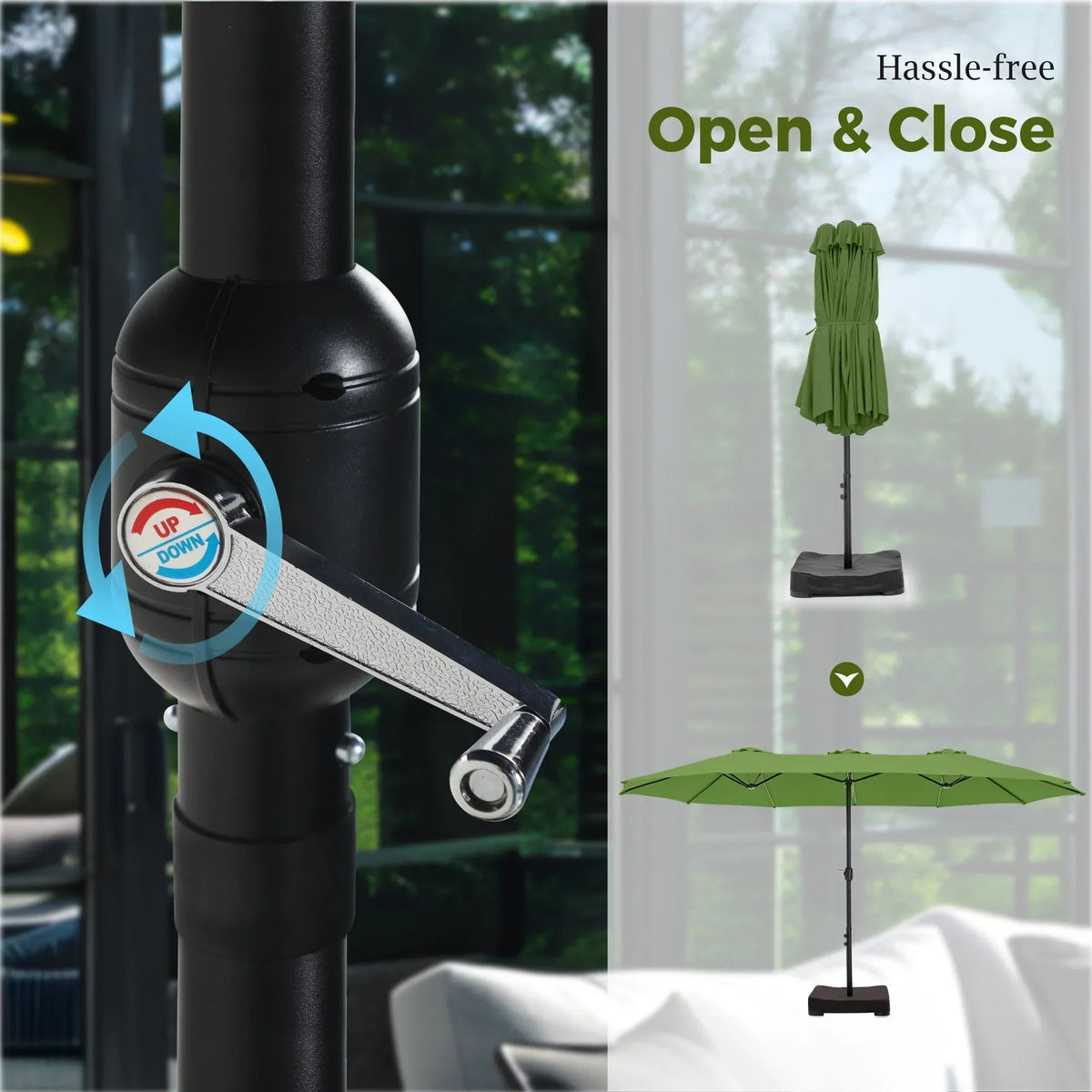 2026 NEW Alpha Joy 15ft Outdoor Patio Umbrella Extra-Large Double-Sided Garden Umbrella with Crank Handle and Base - Smoky Gray