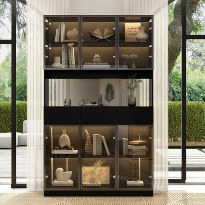 2026 NEW KULAGAGA Bookcases Organizer with LED Lights, Heavy Duty Display Cabinet with Glass Door for Living Room, 31.5" Wide