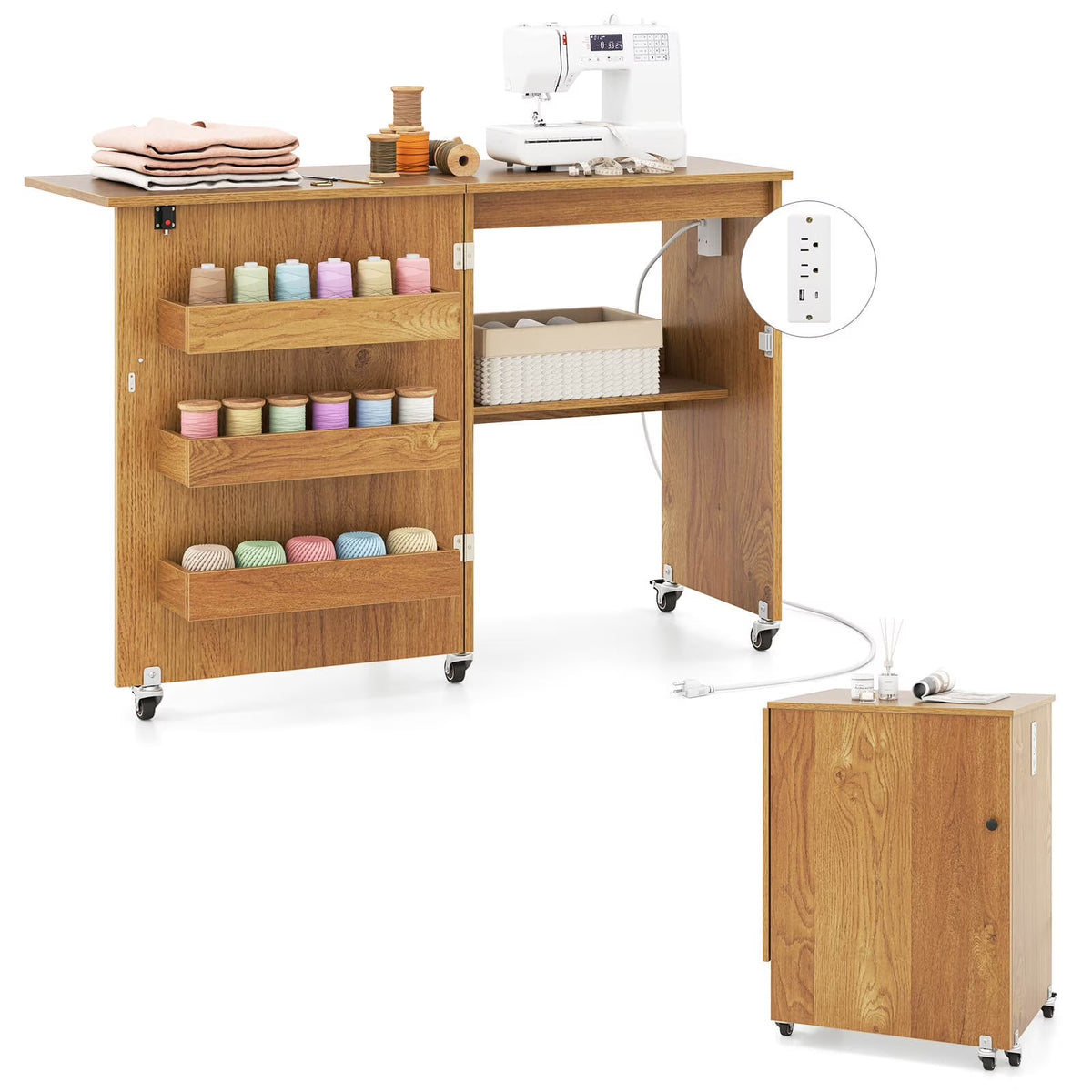 2026 NEW Costway Folding Sewing Table Rolling Craft Station with 3 Storage Bins & Charging Station Natural
