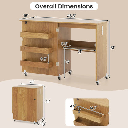2026 NEW Costway Folding Sewing Table Rolling Craft Station with 3 Storage Bins & Charging Station Natural