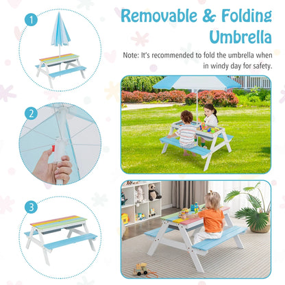 2026 NEW Costway 3-in-1 Kids Picnic Table Wooden Outdoor Sand & Water Table with Umbrella Play Boxes Green