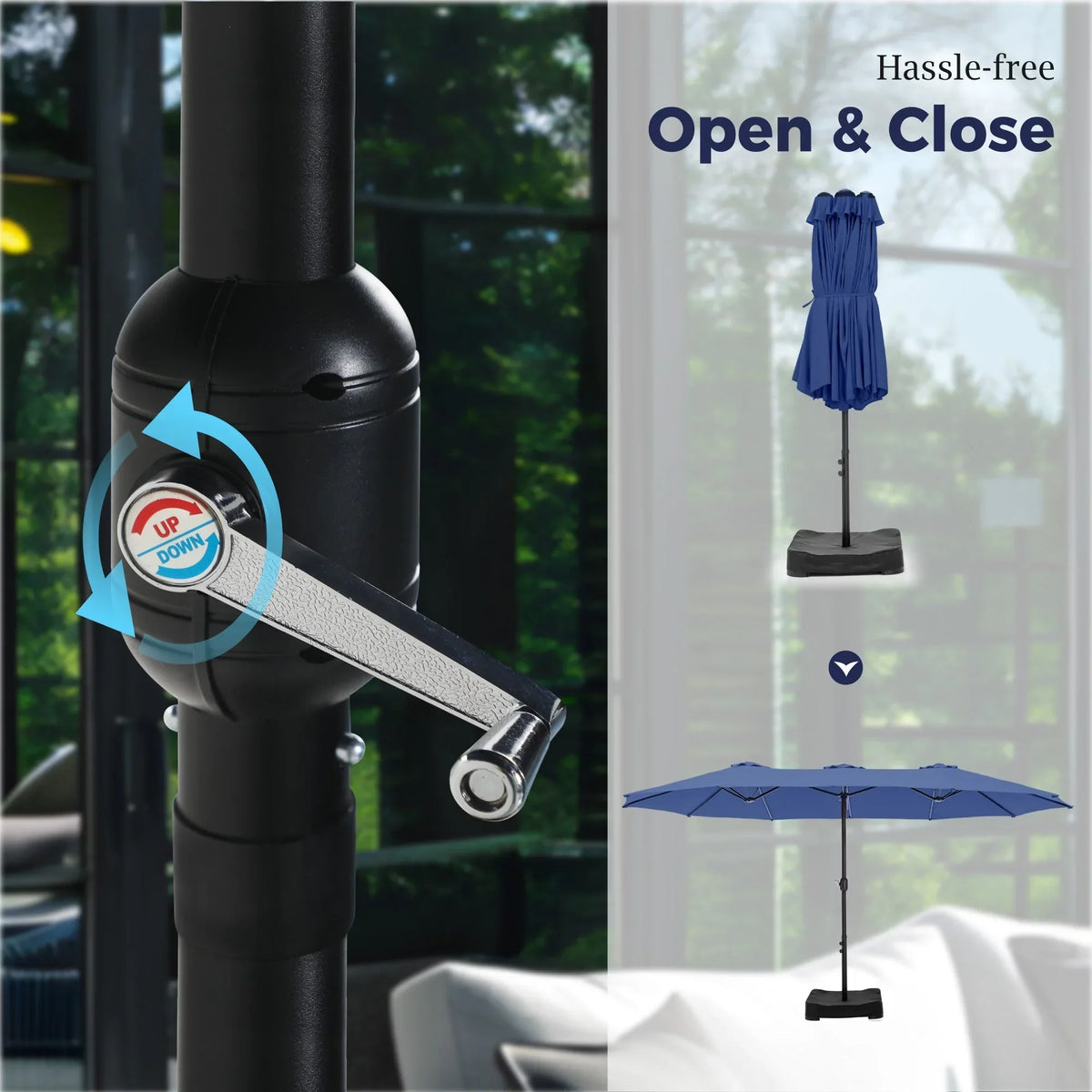 2026 NEW Alpha Joy 15ft Outdoor Patio Umbrella Extra-Large Double-Sided Garden Umbrella with Crank Handle and Base - Smoky Gray