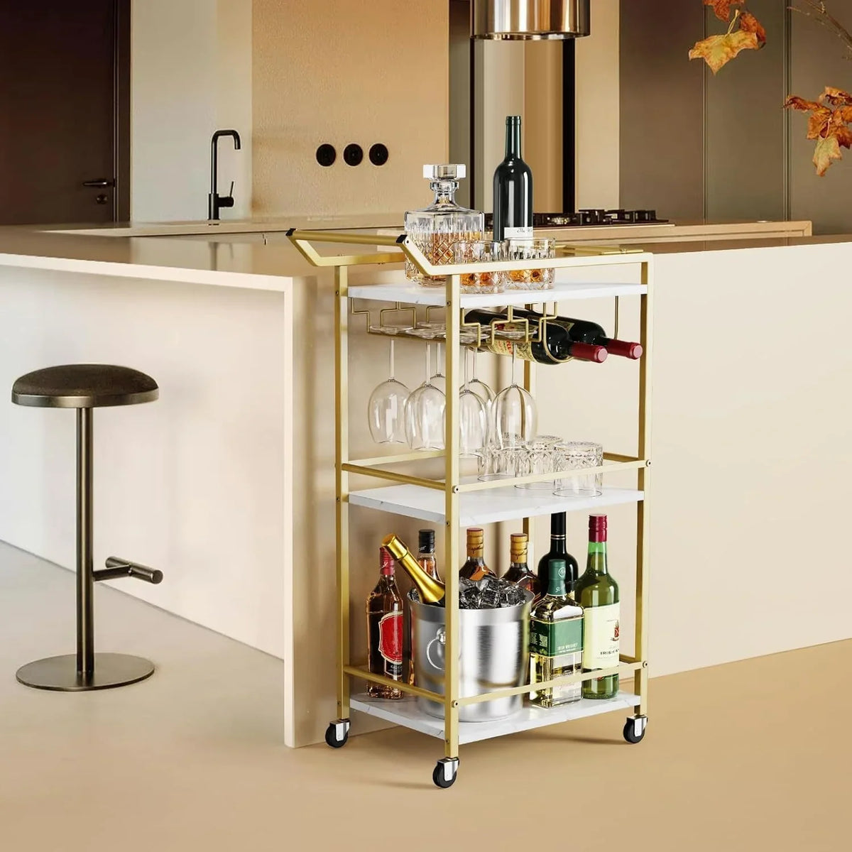 2026 NEW 3 Tier Bar Cart, Mini Liquor Utility Cart for Wine Beverage Dinner Party, Rolling Wine Coffee Drink Serving Cart with Lockable Wheels for Home Kitchen