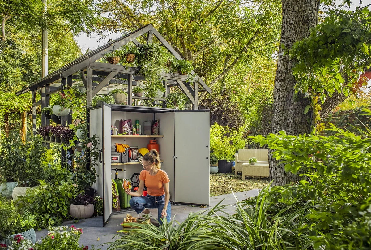 2026 NEW Keter Premier Tall Vertical Durable Resin Outdoor Storage Shed With Floor and Locking Double Doors, Grey