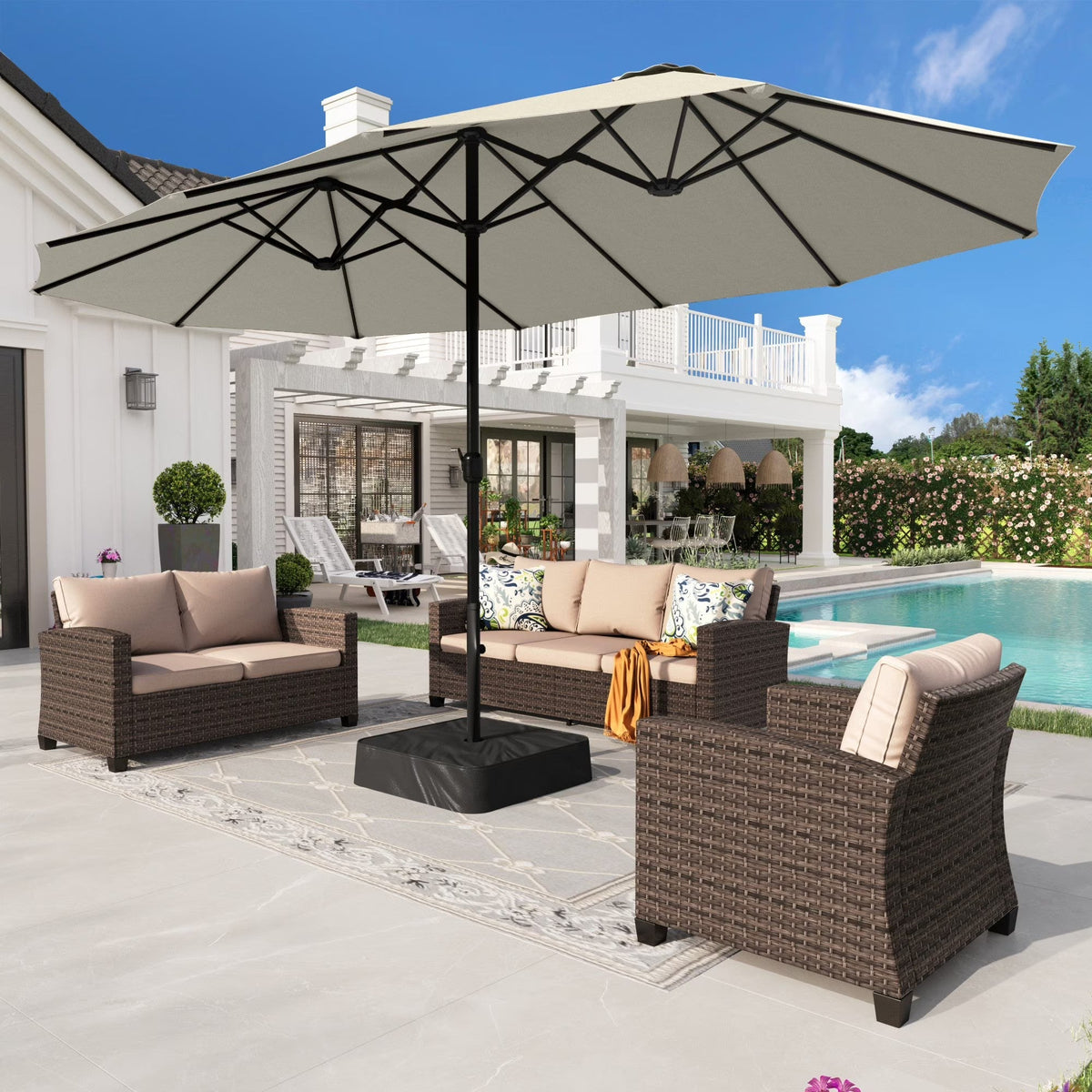 2026 NEW Alpha Joy 15ft Outdoor Patio Umbrella Extra-Large Double-Sided Garden Umbrella with Crank Handle and Base - Smoky Gray