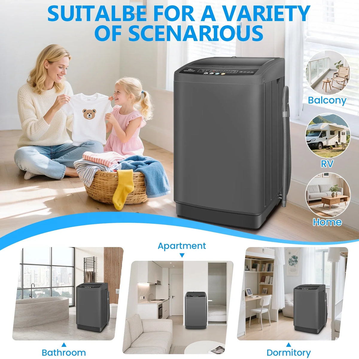 2026 NEW Veeboto Portable Washing Machine, 18.7Lbs Capacity Portable Washer with Drain Pump, 10 Wash Programs/8 Water Levels/LED Display, Full-Automatic Compact Laundry Washer for Apartment, Dorm, Home