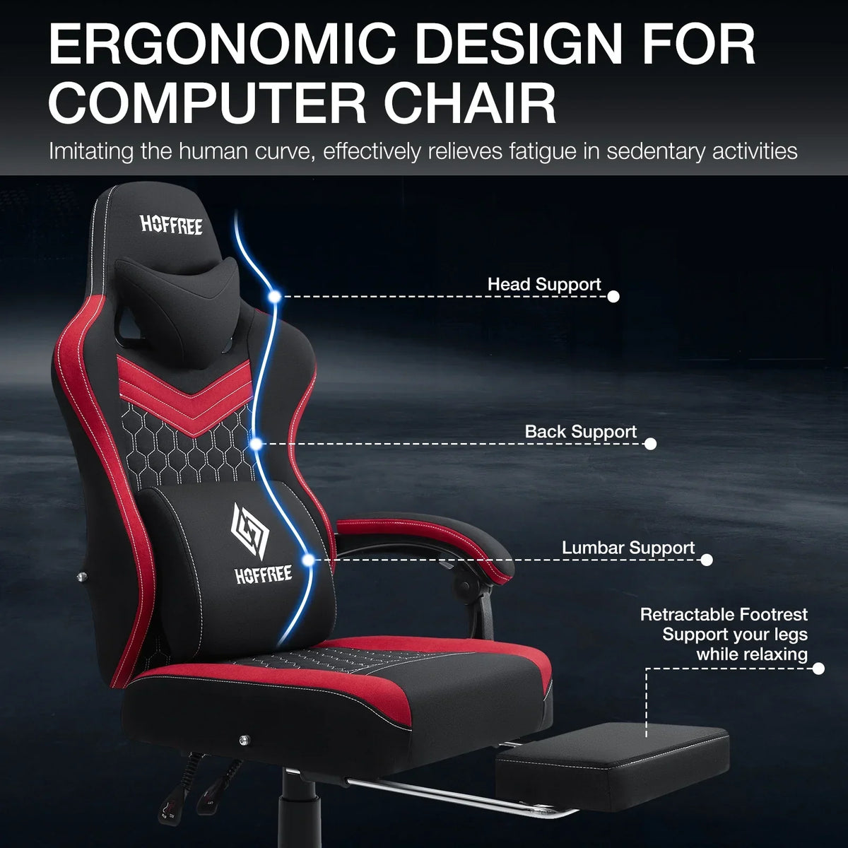 2026 NEW Hoffree Gaming Chair with Massage Fabric Office Chair with footrest for Adults, Ergonomic Gamer Chair with Headrest and Lumbar Support for Office Gaming, 440 LBS