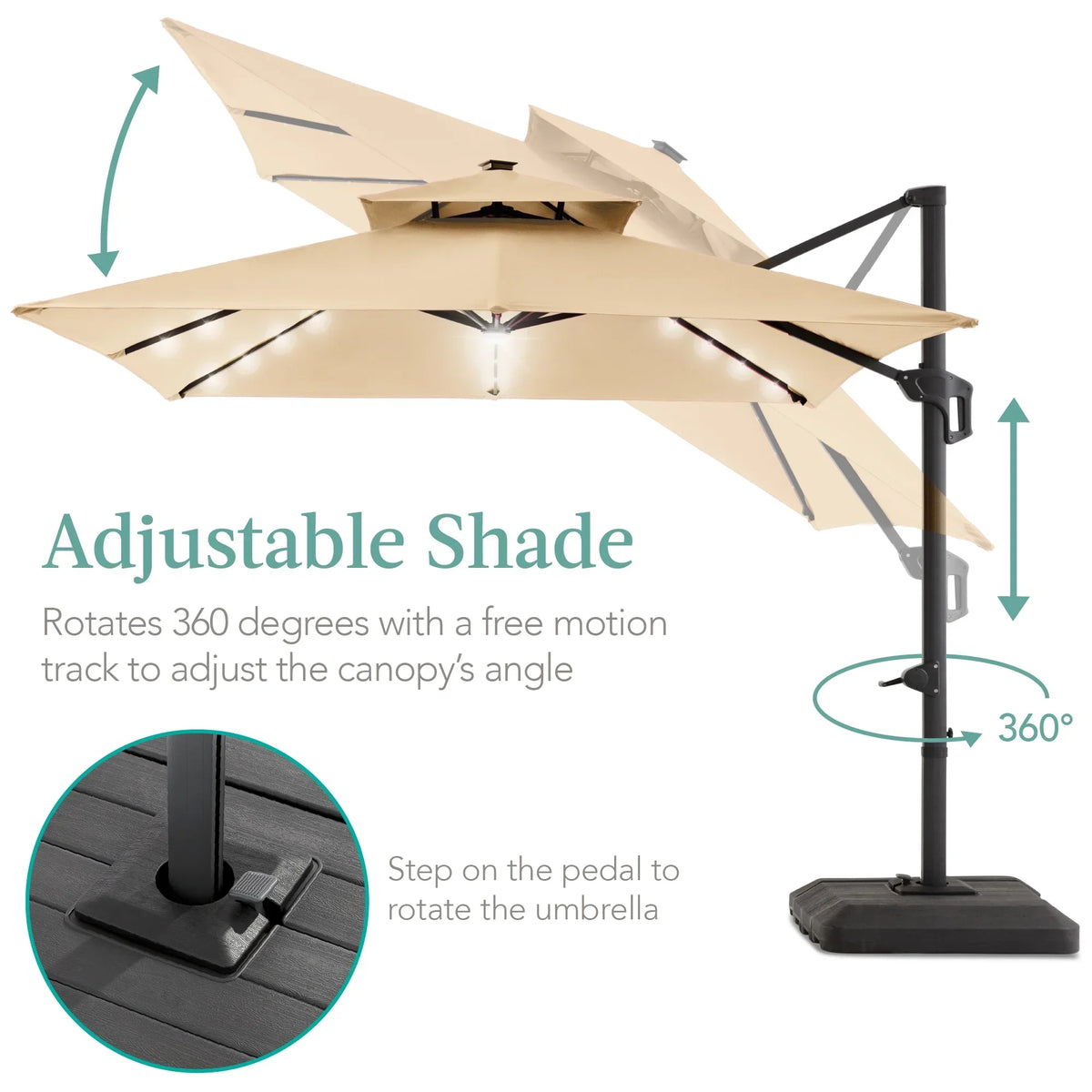 2026 NEW Best Choice Products 10x10ft 2-Tier Square Outdoor Solar LED Cantilever Patio Umbrella w/ Base Included - Tan