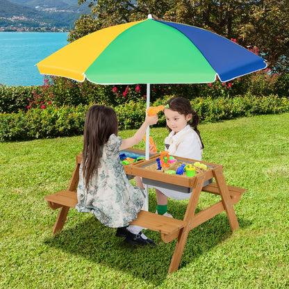 2026 NEW Costway 3-in-1 Kids Picnic Table Wooden Outdoor Sand & Water Table with Umbrella Play Boxes Green