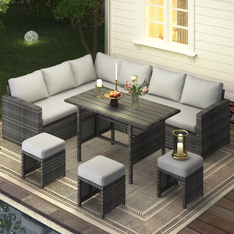 2026 NEW AECOJOY 7 Piece Patio Furniture Set PE Rattan Outdoor Dining Set Sectional Sofa Couch with Table Patio Conversation Set in Gray