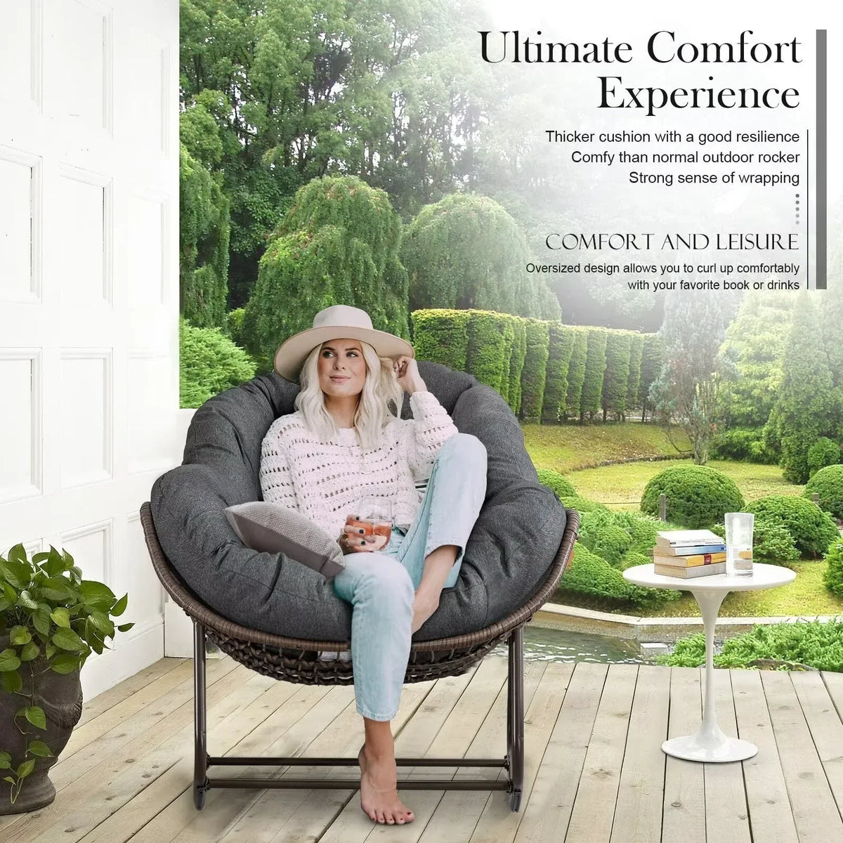 2026 NEW Outdoor Papasan Rocking Chair, Patio Oversized Wicker Egg Rocking Chair, Indoor & Outdoor Comfy Rocker Chair with Thick Cushion, Modern Lounge Chair for Front Porch, Garden, Backyard, Grey