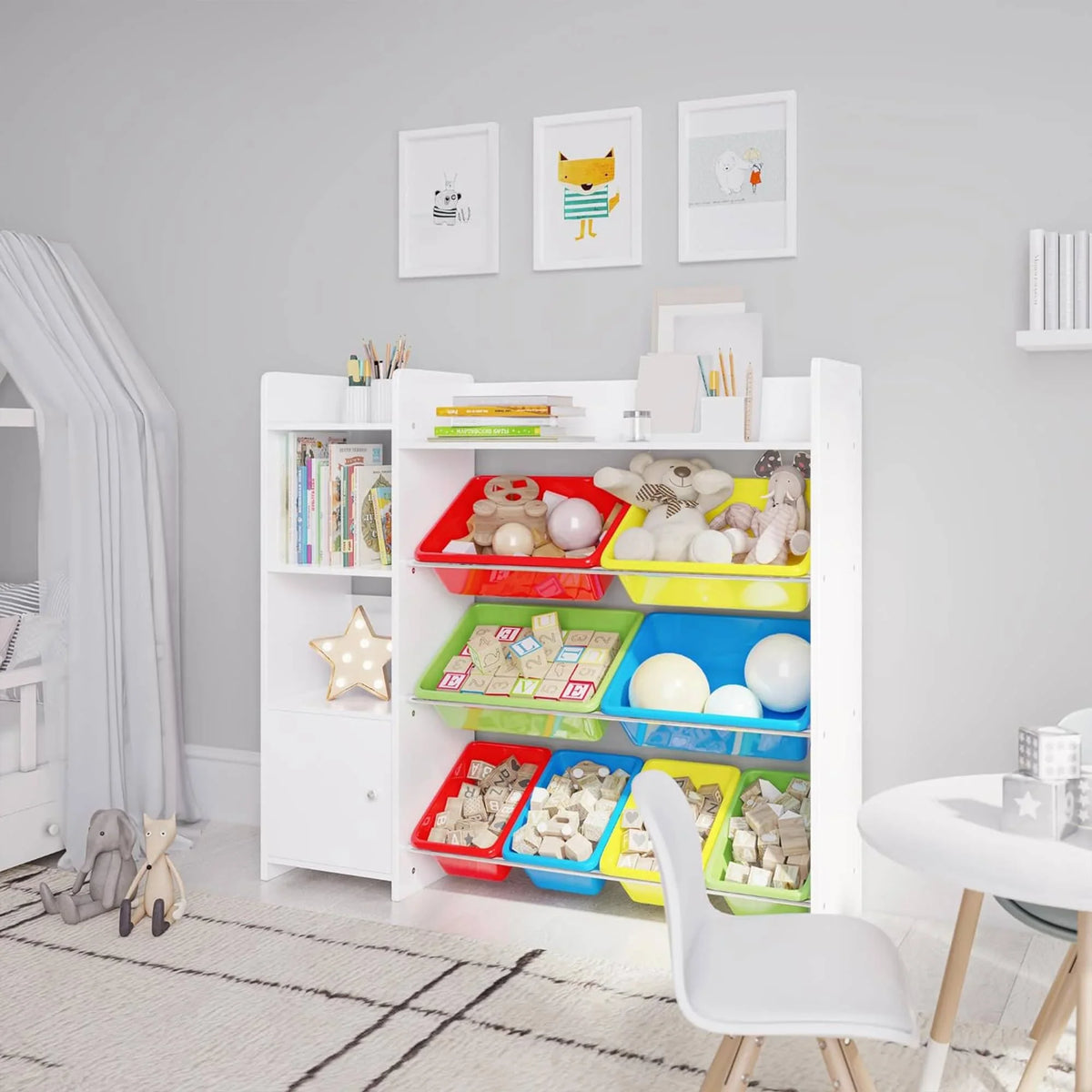 2026 NEW Sturdis Kids Toy Storage Organizer With Bookshelf and White Bins