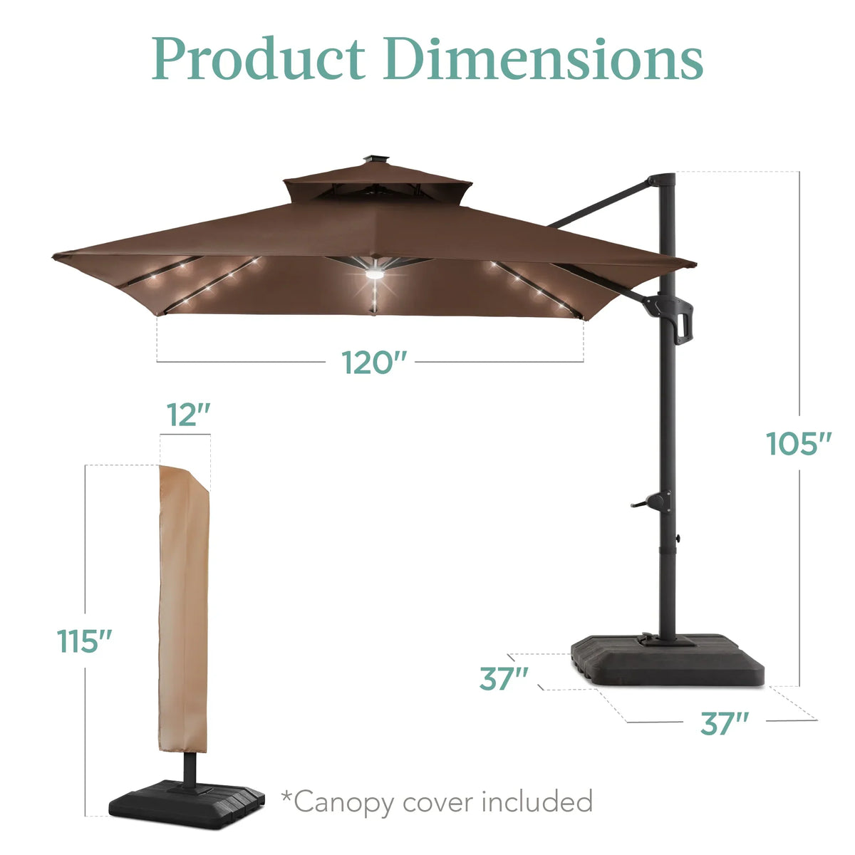 2026 NEW Best Choice Products 10x10ft 2-Tier Square Outdoor Solar LED Cantilever Patio Umbrella w/ Base Included - Tan