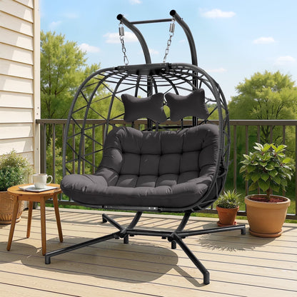 2026 NEW RADIATA Double Wicker Egg Swing Chair with Stand, 2-Person Hanging Egg Chair for Indoor/Outdoor, 700lbs Capacity, Thick Cushions & Headrest,Sturdy Metal Frame"Dark Gray