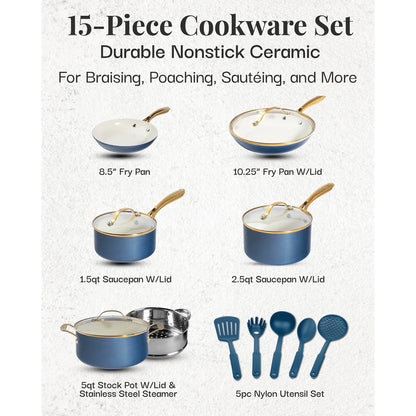 2026 NEW Gotham Steel 15 Pc Ceramic Cookware Set Nonstick, Ceramic Pots and Pans Set Non Stick with Steamer & Cooking Utensils, Non Toxic, Premium Stay Cool Handles, Oven & Dishwasher Safe, Blue