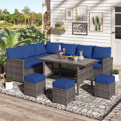 2026 NEW AECOJOY 7 Piece Patio Furniture Set PE Rattan Outdoor Dining Set Sectional Sofa Couch with Table Patio Conversation Set in Gray