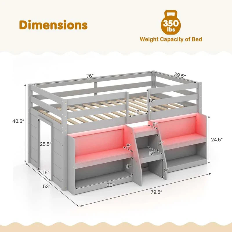 Kids Twin Size Loft Bed with LED Lights, Stairs & Safety Guardrail, Storage Bookcase and Under-bed Play Space
