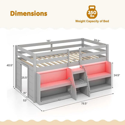Kids Twin Size Loft Bed with LED Lights, Stairs & Safety Guardrail, Storage Bookcase and Under-bed Play Space