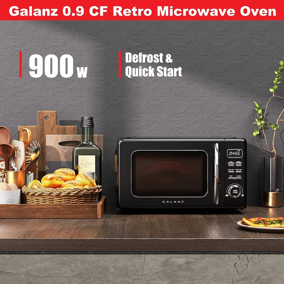 2026 NEW Galanz Retro Countertop Microwave Oven with Auto Cook & Reheat, Defrost, Quick Start Functions, Easy Clean with Glass Turntable, Pull Handle, .9 cu ft, Black