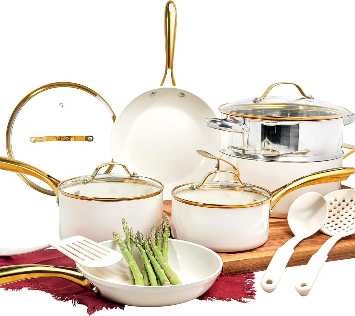 2026 NEW Gotham Steel 15 Pc Ceramic Cookware Set, Ceramic Pots and Pans Set Non Stick with Cooking Utensils and Steamer, Non Toxic, Premium Gold Stay Cool Handles, Oven & Dishwasher Safe
