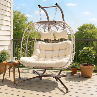 2026 NEW RADIATA Double Wicker Egg Swing Chair with Stand, 2-Person Hanging Egg Chair for Indoor/Outdoor, 700lbs Capacity, Thick Cushions & Headrest,Sturdy Metal Frame"Dark Gray