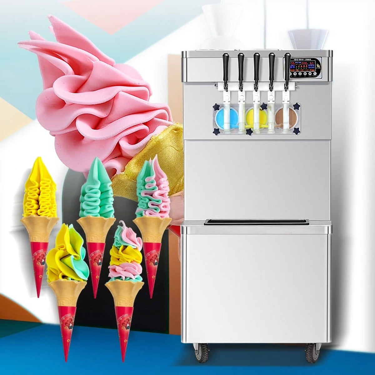 2026 NEW Kolice Commercial ETL 5 Flavors Soft Serve Ice Cream Machine,gelato soft ice cream maker -5 Different Discharge Nozzles,Upper Tanks Refrigerated