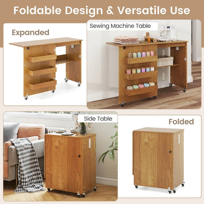 2026 NEW Costway Folding Sewing Table Rolling Craft Station with 3 Storage Bins & Charging Station Natural