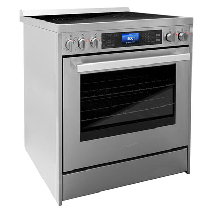 2026 NEW Cosmo 5 Piece Kitchen Appliance Packages with 30" Freestanding Electric Range 30" Island Range Hood 24" Built-in Fully Integrated Dishwasher French Door Refrigerator & 48 Bottle Wine Refrigerator