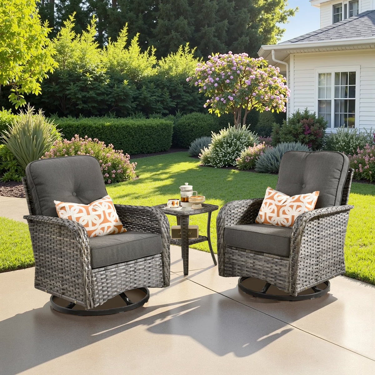 2026 NEW Ovios 5 Pieces Outdoor Patio Furniture Set High Back All Weather Wicker Conversation Set with Swivel Chairs & Coffee Table, Dark Gray