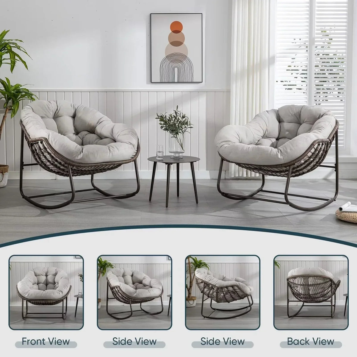 2026 NEW Outdoor Papasan Rocking Chair, Patio Oversized Wicker Egg Rocking Chair, Indoor & Outdoor Comfy Rocker Chair with Thick Cushion, Modern Lounge Chair for Front Porch, Garden, Backyard, Grey