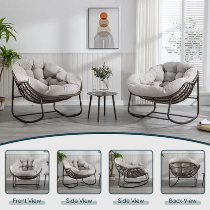 2026 NEW Outdoor Papasan Rocking Chair, Patio Oversized Wicker Egg Rocking Chair, Indoor & Outdoor Comfy Rocker Chair with Thick Cushion, Modern Lounge Chair for Front Porch, Garden, Backyard, Grey
