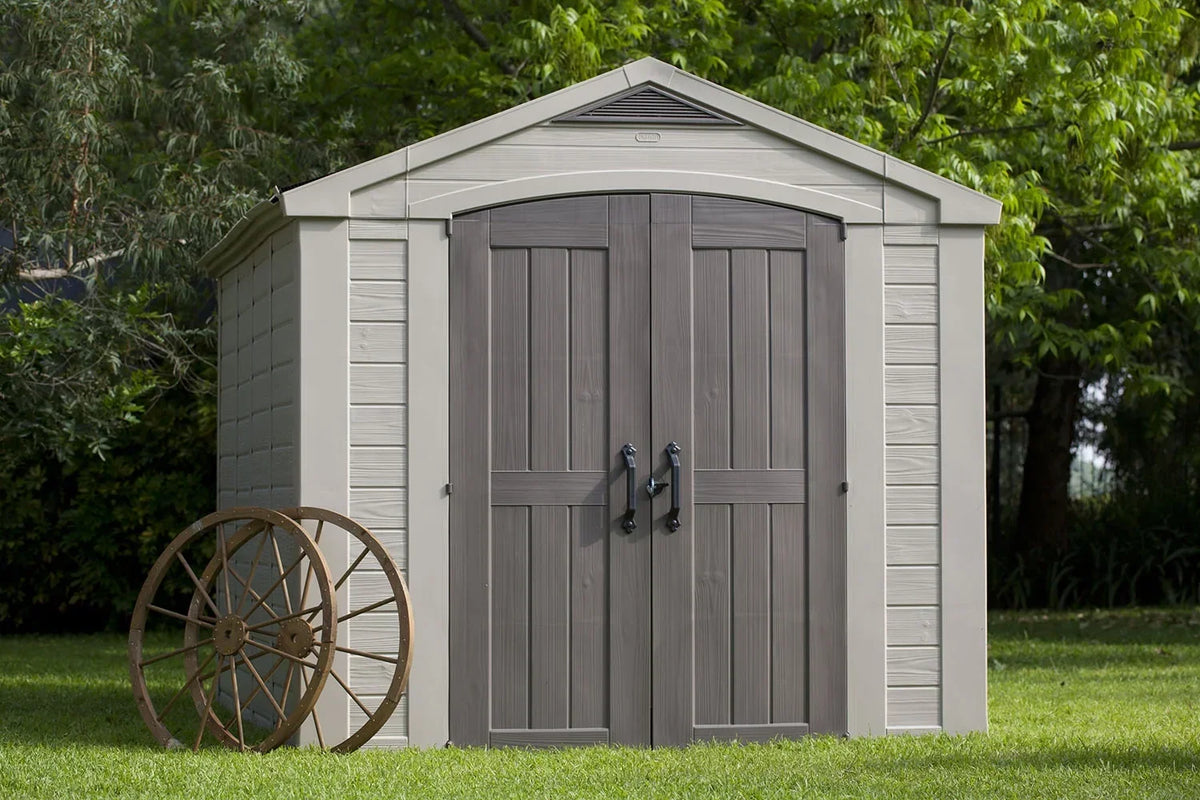 2026 NEW Keter Factor 8 x 11 Foot All Weather Resin Outdoor Storage Shed, Taupe